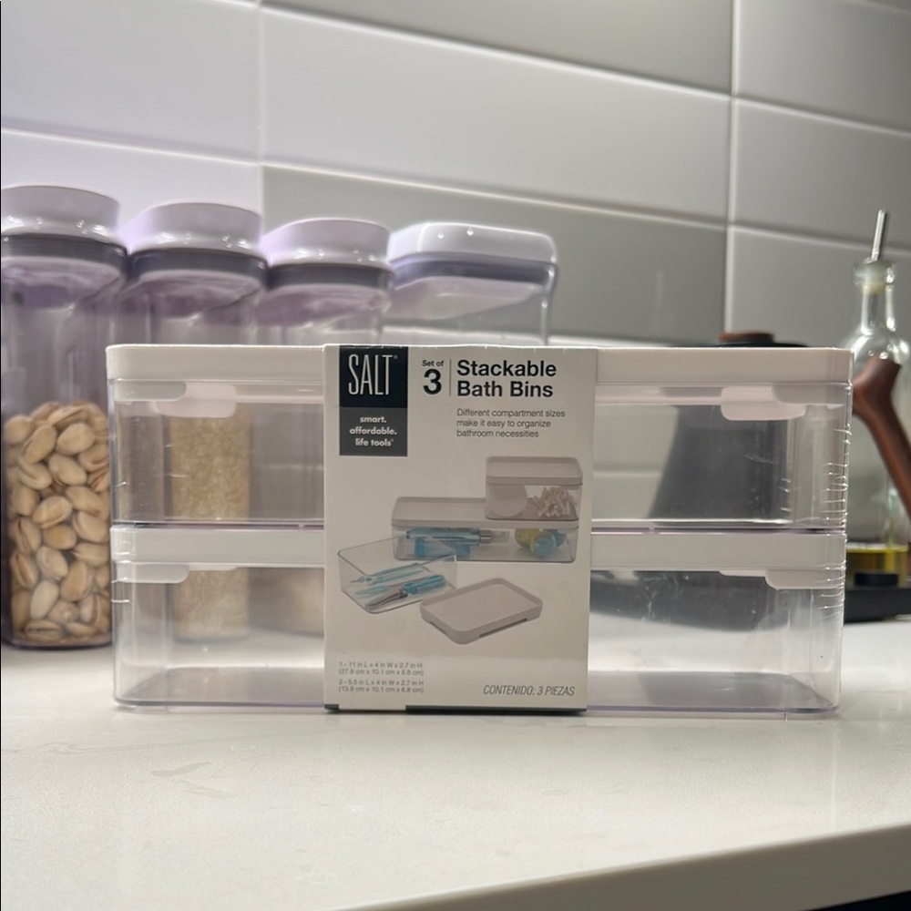 Bed Bath & Beyond Clear and White Stackable Bath Bins